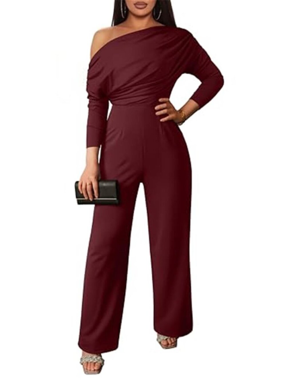 Women's Casual Long Sleeve Off Shoulder Wide Leg Jumpsuit